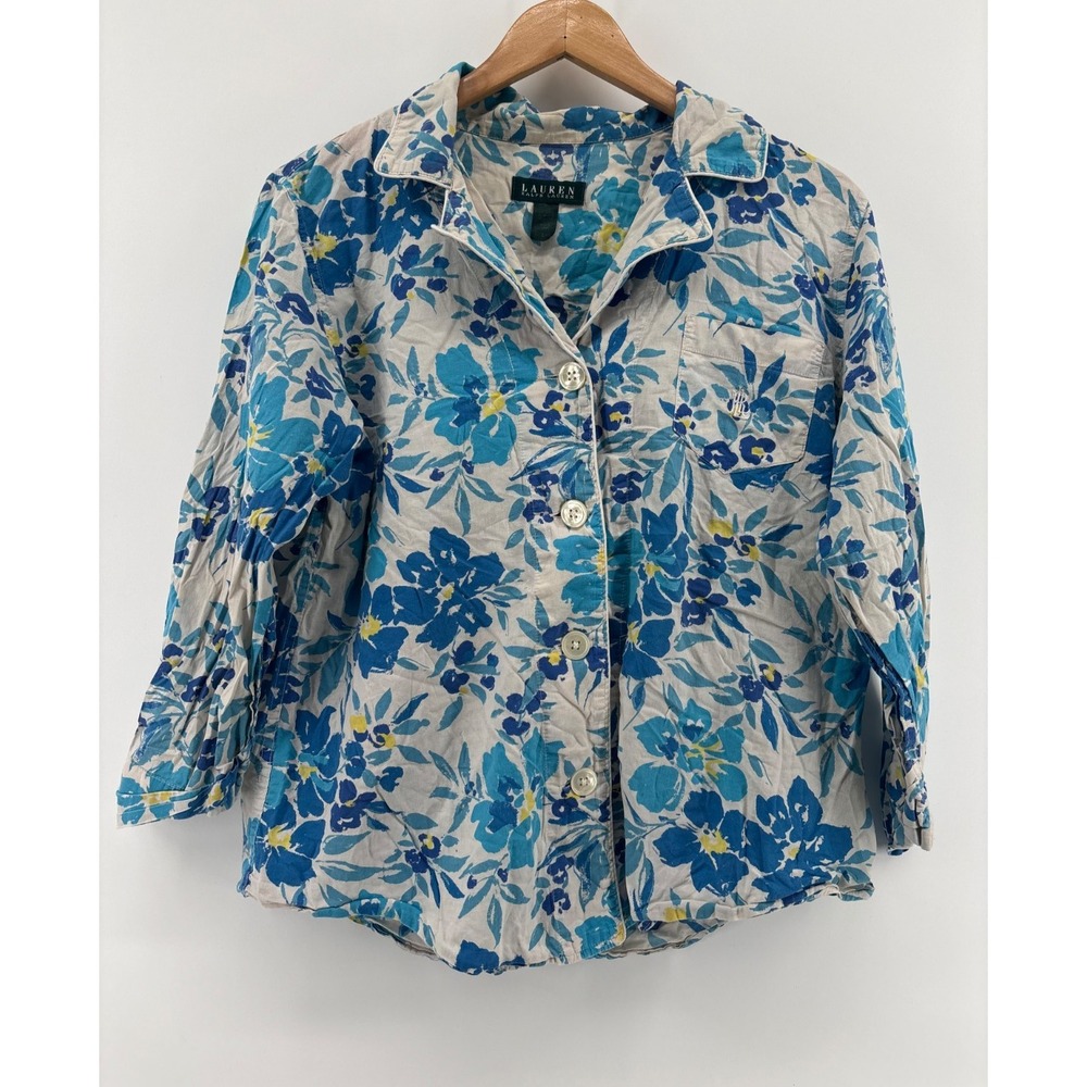 Lauren Ralph Lauren Pajama Top Womens Large White Blue Floral Cotton Long Sleeve